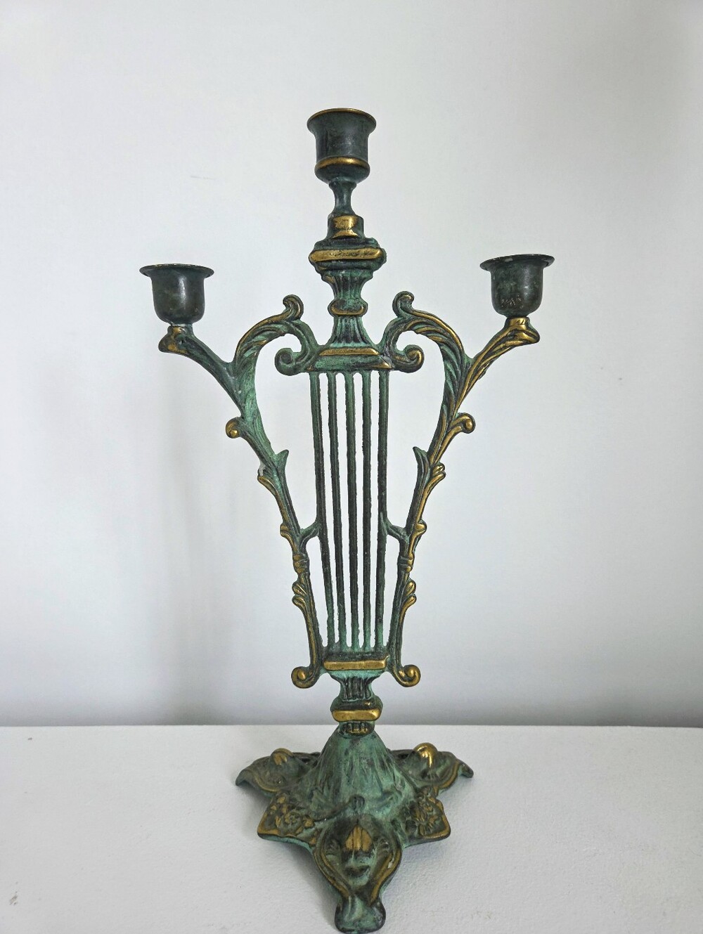Vintage Brass Verdigris Lyre Candelabra